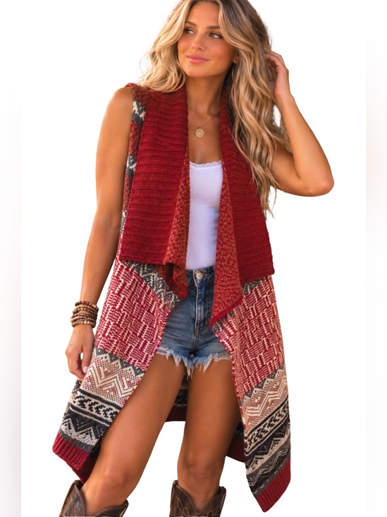 G.H. Bass & Co. Sweaters - GH Bass Cardigan sweater vest Red Aztec Southwestern Open Front Long duster S